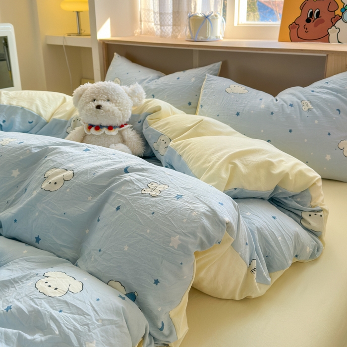 91家纺网 家纺一手货源 找家纺 冕悠家纺 2025新款A类高克重糯叽叽超柔糯水洗棉印花四件套-单被套 星空狗