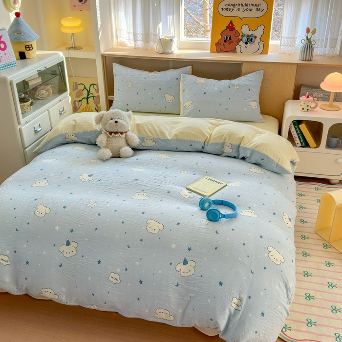 91家纺网 家纺一手货源 找家纺 冕悠家纺 2025新款A类高克重糯叽叽超柔糯水洗棉印花四件套-单被套 星空狗