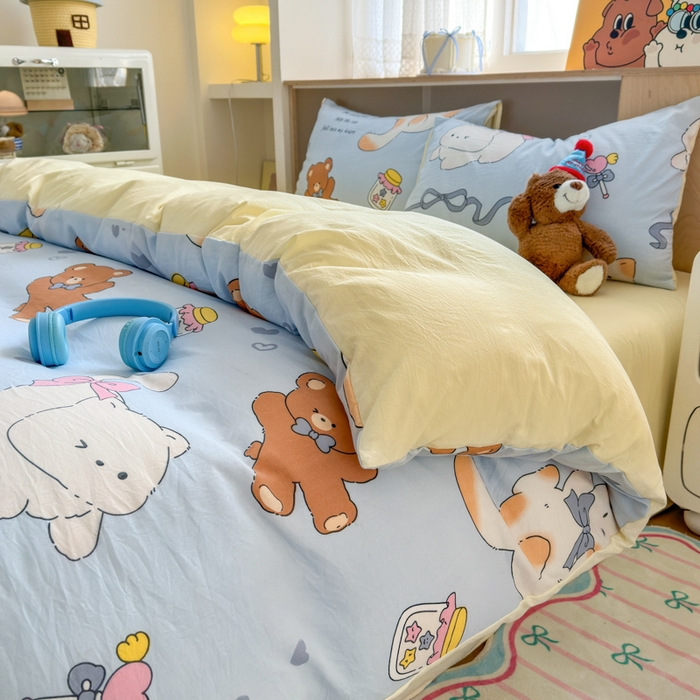 91家纺网 家纺一手货源 找家纺 冕悠家纺 2025新款A类高克重糯叽叽超柔糯水洗棉印花四件套-单被套 小奶喵