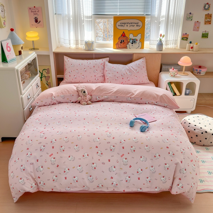 91家纺网 家纺一手货源 找家纺 冕悠家纺 2025新款A类高克重糯叽叽超柔糯水洗棉印花四件套-单被套 KT喵