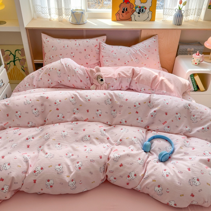 91家纺网 家纺一手货源 找家纺 冕悠家纺 2025新款A类高克重糯叽叽超柔糯水洗棉印花四件套-单被套 KT喵