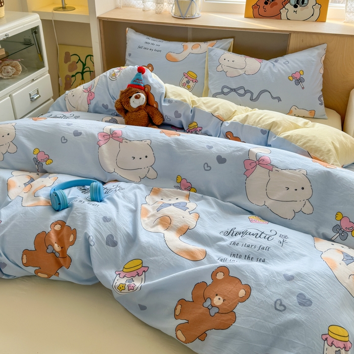 91家纺网 家纺一手货源 找家纺 冕悠家纺 2025新款A类高克重糯叽叽超柔糯水洗棉印花四件套-单被套 小奶喵