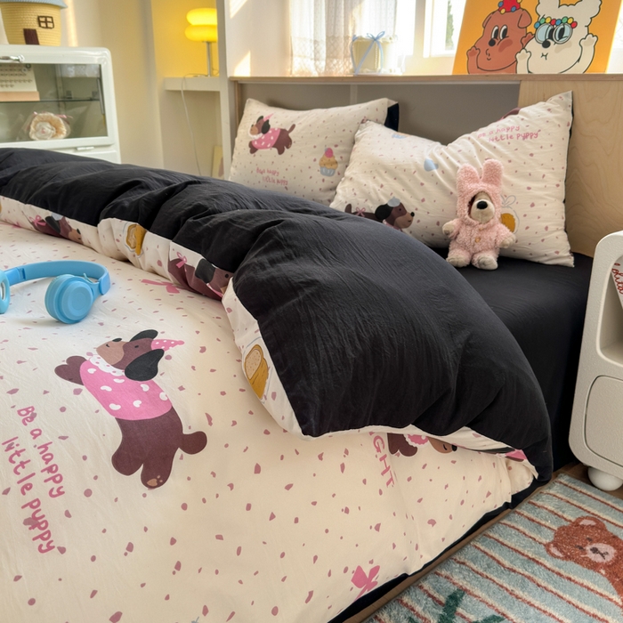 91家纺网 家纺一手货源 找家纺 冕悠家纺 2025新款A类高克重糯叽叽超柔糯水洗棉印花四件套-单被套 蛋糕奶狗