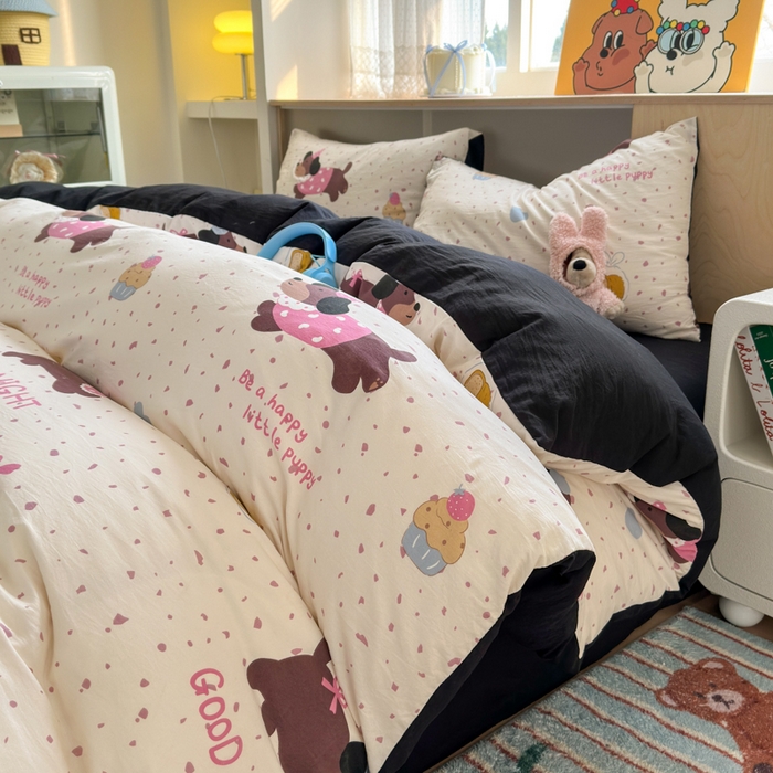 冕悠家纺 2025新款A类高克重糯叽叽超柔糯水洗棉印花四件套-单被套 蛋糕奶狗