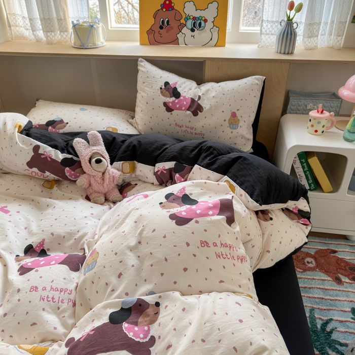 91家纺网 家纺一手货源 找家纺 冕悠家纺 2025新款A类高克重糯叽叽超柔糯水洗棉印花四件套-单被套 蛋糕奶狗