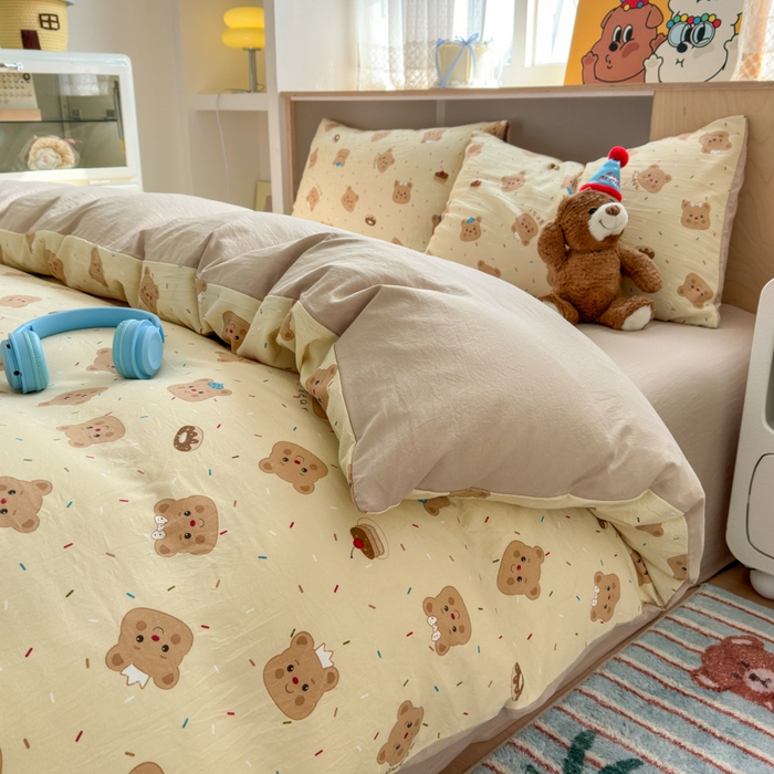 91家纺网 家纺一手货源 找家纺 冕悠家纺 2025新款A类高克重糯叽叽超柔糯水洗棉印花四件套-单被套 团团熊