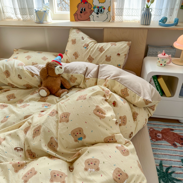 91家纺网 家纺一手货源 找家纺 冕悠家纺 2025新款A类高克重糯叽叽超柔糯水洗棉印花四件套-单被套 团团熊