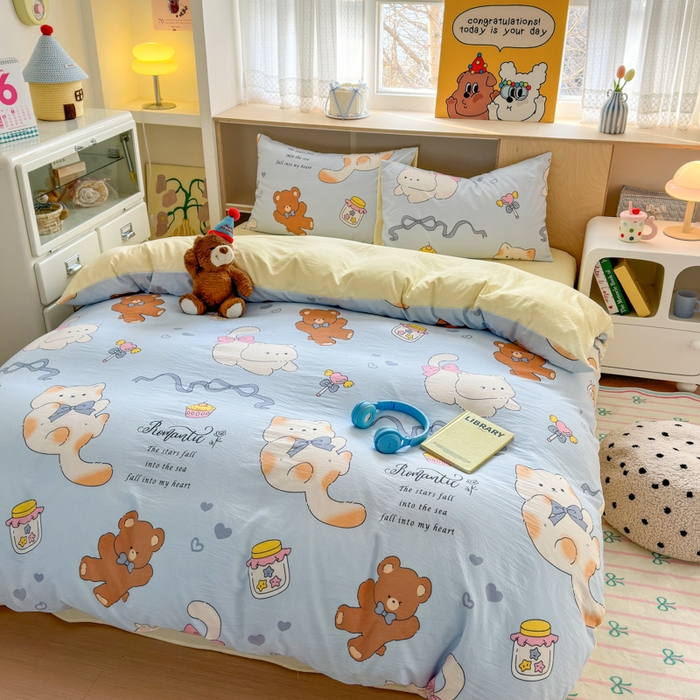 91家纺网 家纺一手货源 找家纺 冕悠家纺 2025新款A类高克重糯叽叽超柔糯水洗棉印花四件套-单被套 小奶喵