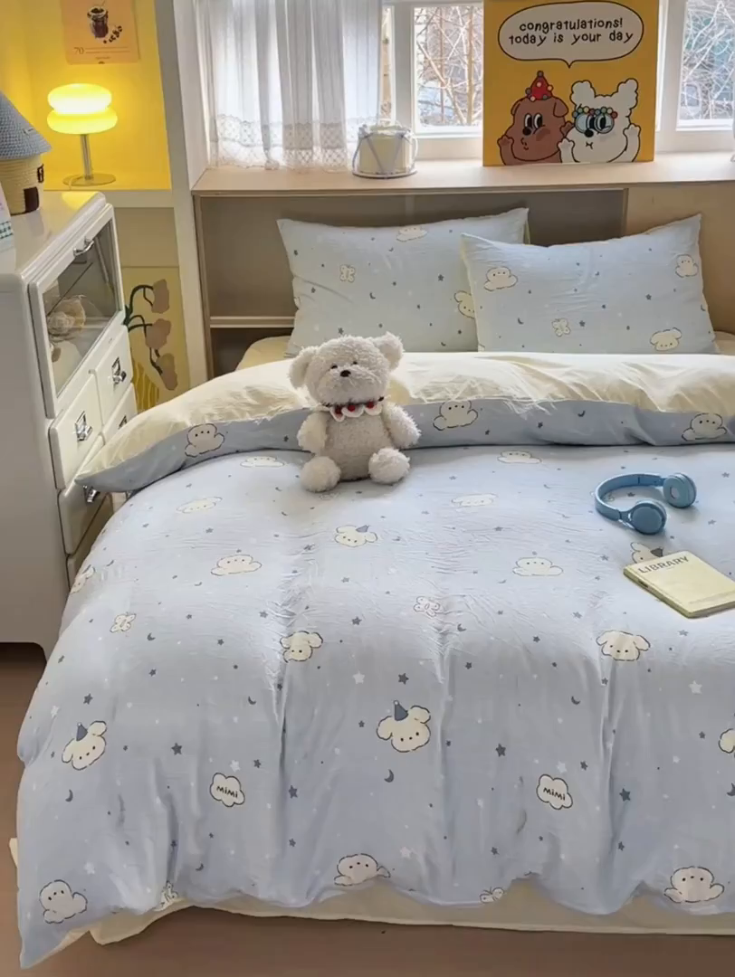91家纺网 家纺一手货源 找家纺 冕悠家纺 2025新款A类高克重糯叽叽超柔糯水洗棉印花四件套-单被套 星空狗