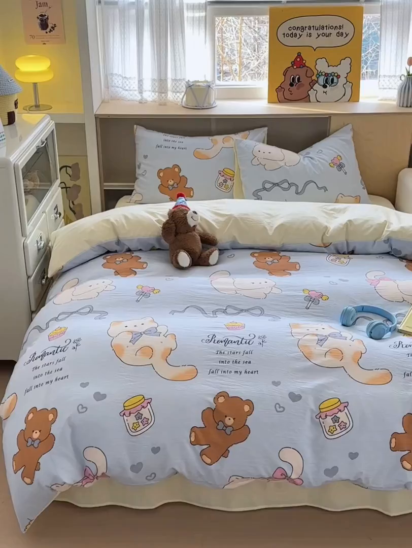 91家纺网 家纺一手货源 找家纺 冕悠家纺 2025新款A类高克重糯叽叽超柔糯水洗棉印花四件套-单被套 小奶喵