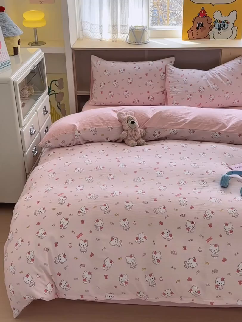 91家纺网 家纺一手货源 找家纺 冕悠家纺 2025新款A类高克重糯叽叽超柔糯水洗棉印花四件套-单被套 KT喵