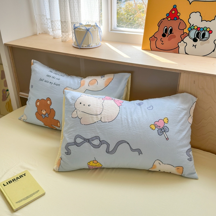 91家纺网 家纺一手货源 找家纺 冕悠家纺 2025新款A类高克重糯叽叽超柔糯水洗棉印花四件套-单枕套 小奶喵