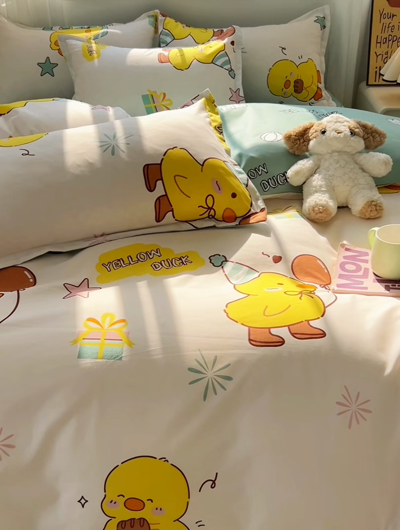 91家纺网 家纺一手货源 找家纺 悦织湾家纺 2025新款亲肤芦荟棉四件套轻奢印花磨毛床上用品亲肤棉四件套 开心鸭