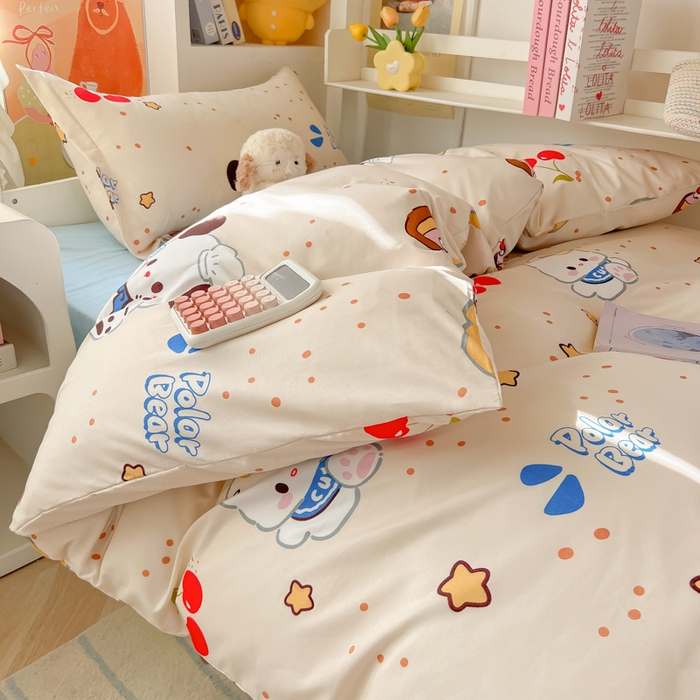 91家纺网 家纺一手货源 找家纺 悦织湾家纺 2025新款印花学生宿舍亲肤芦荟棉三件套单双人四件套轻奢印花磨毛床上用品 蛋糕熊