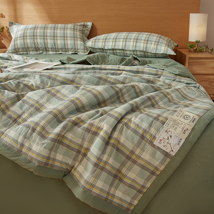 91家纺网 家纺一手货源 找家纺 西域种棉人·千百笠 2025新款A类100%新疆棉花夏凉被纯棉全棉填充原棉空调被手工宽边水洗棉夏被 雅致-绿格