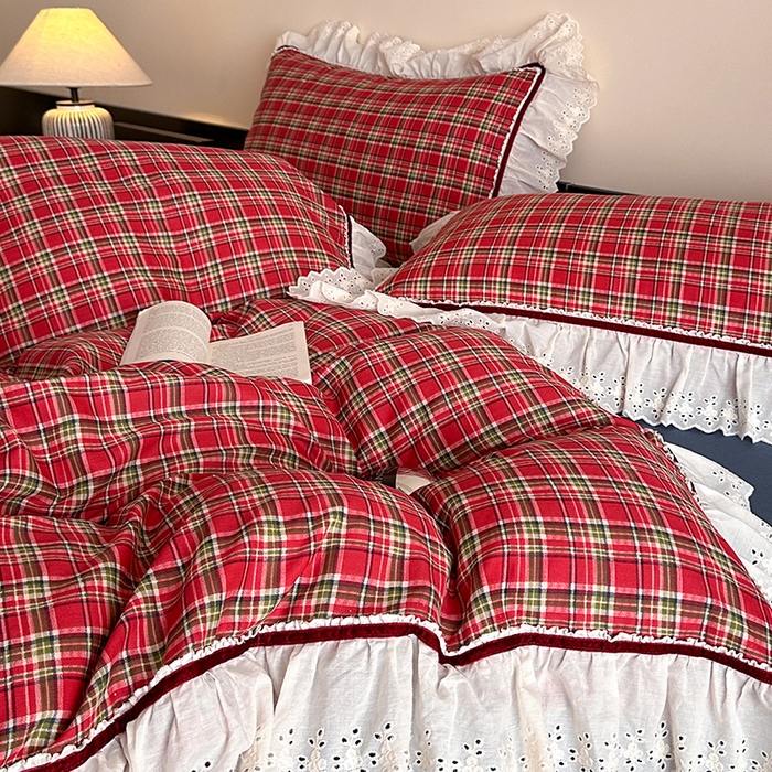 91家纺网 家纺一手货源 找家纺 蓝邻家纺 2025春夏新款全棉纯棉复古双层纱花边织带款四件套 清格