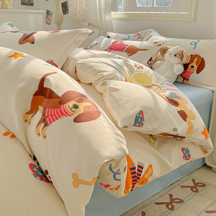 91家纺网 家纺一手货源 找家纺 悦织湾家纺 2025新款亲肤芦荟棉四件套轻奢印花磨毛床上用品亲肤棉四件套 腊肠派对