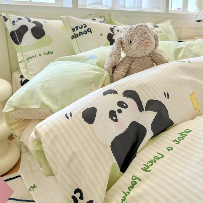91家纺网 家纺一手货源 找家纺 红粉佳人家纺 2025春夏新款A类全棉纯棉12868纯棉单被套 绿格熊猫