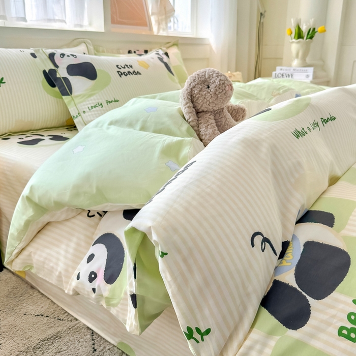 91家纺网 家纺一手货源 找家纺 红粉佳人家纺 2025春夏新款A类全棉纯棉12868纯棉单被套 绿格熊猫