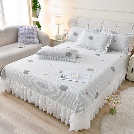 优家居 2025新款A类凉感豆豆提花凉席床裙款床盖三件套高档蕾丝花边可机洗水洗 盛夏-南瓜青