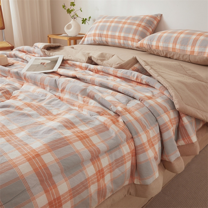 91家纺网 家纺一手货源 找家纺 2025新款A类里外全棉夏凉被100%新疆棉纯棉全棉填充无印格子款空调被原棉夏被 里外全棉-桔灰格