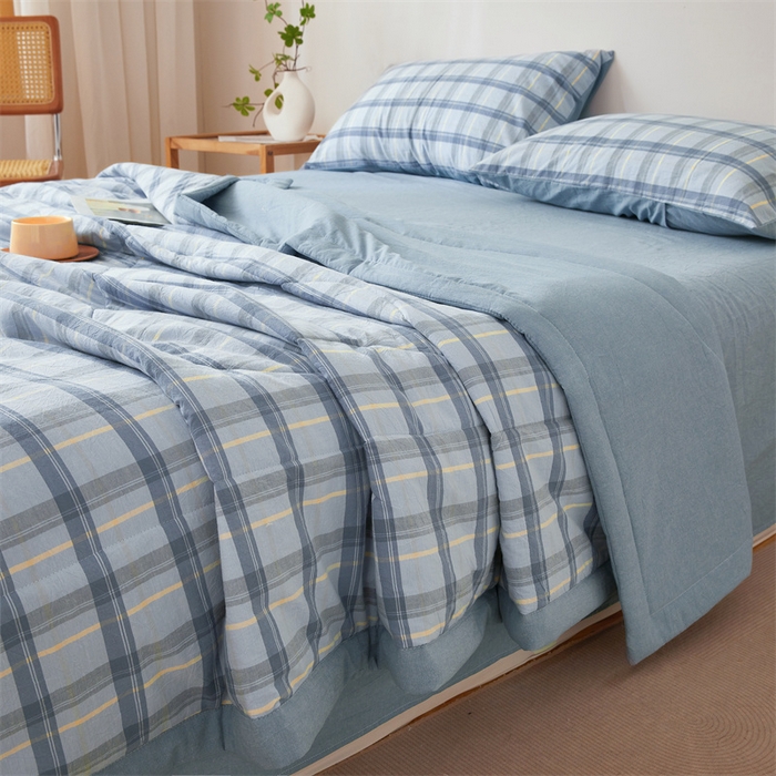 91家纺网 家纺一手货源 找家纺 2025新款A类里外全棉夏凉被100%新疆棉纯棉全棉填充无印格子款空调被原棉夏被 里外全棉-森蓝格