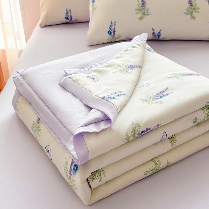 91家纺网 家纺一手货源 找家纺 金喜 2025新款小清新风格有氧针织双层纱大豆被夏被四件套 薰衣草