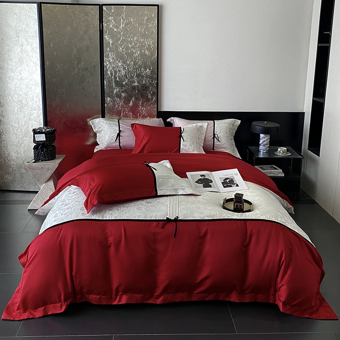 91家纺网 家纺一手货源 找家纺 优悦生活馆 2025年新款工艺款冰丝浮雕拼接四件套 璀璨之恋-红