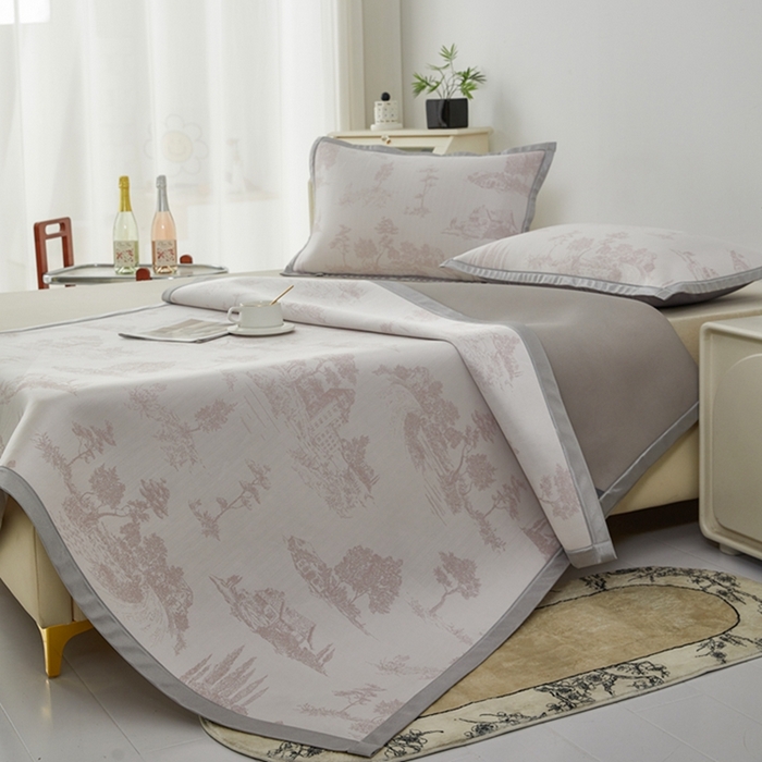 91家纺网 家纺一手货源 找家纺 曲宿家纺 2025新款A类高分子色织提花软凉席系列 山涧-粉