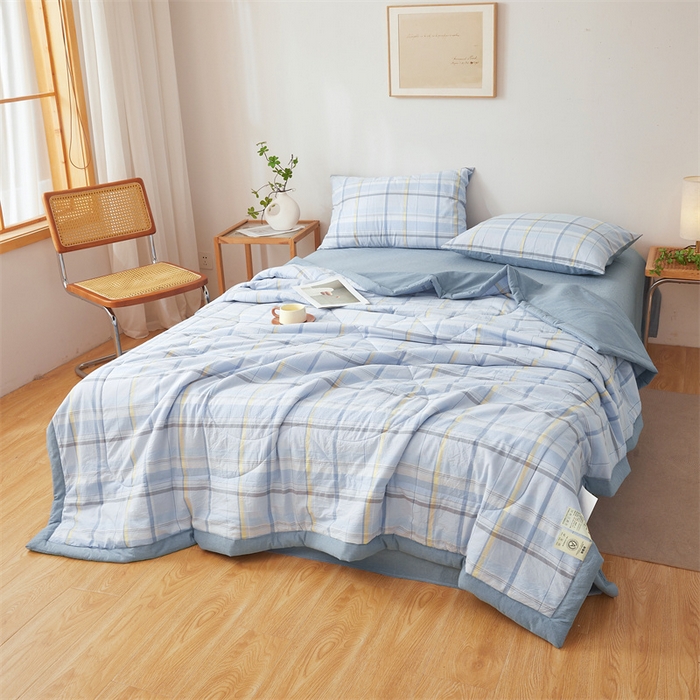 91家纺网 家纺一手货源 找家纺 2025新款A类里外全棉夏凉被100%新疆棉纯棉全棉填充无印格子款空调被原棉夏被 里外全棉-简蓝格