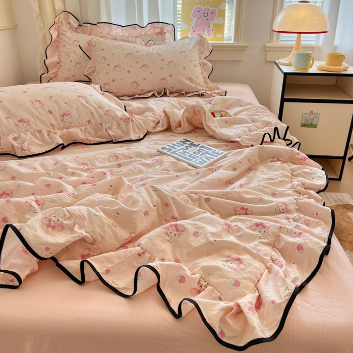 91家纺网 家纺一手货源 找家纺 欧尚 2025新款细黑边夏被床单床盖三件套 粉蒂