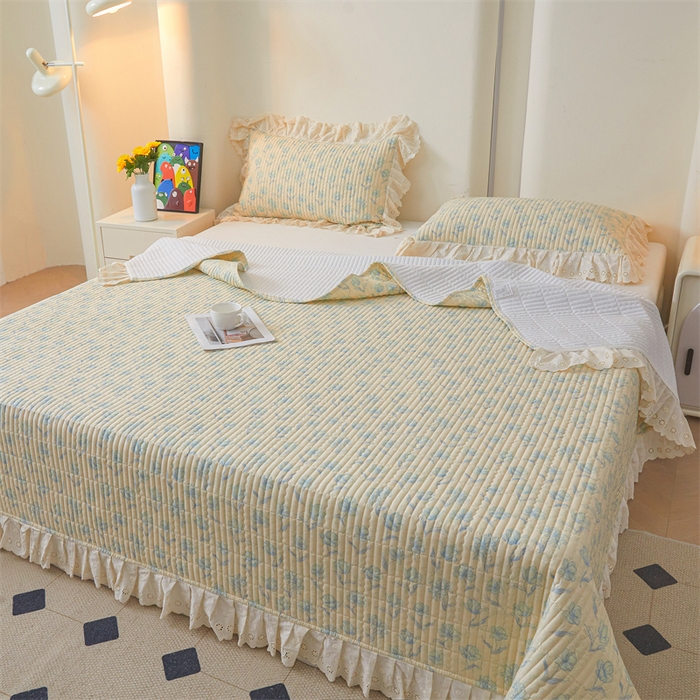 91家纺网 家纺一手货源 找家纺 恒爱家纺2025新款全棉纯棉韩版花边床盖 香百合