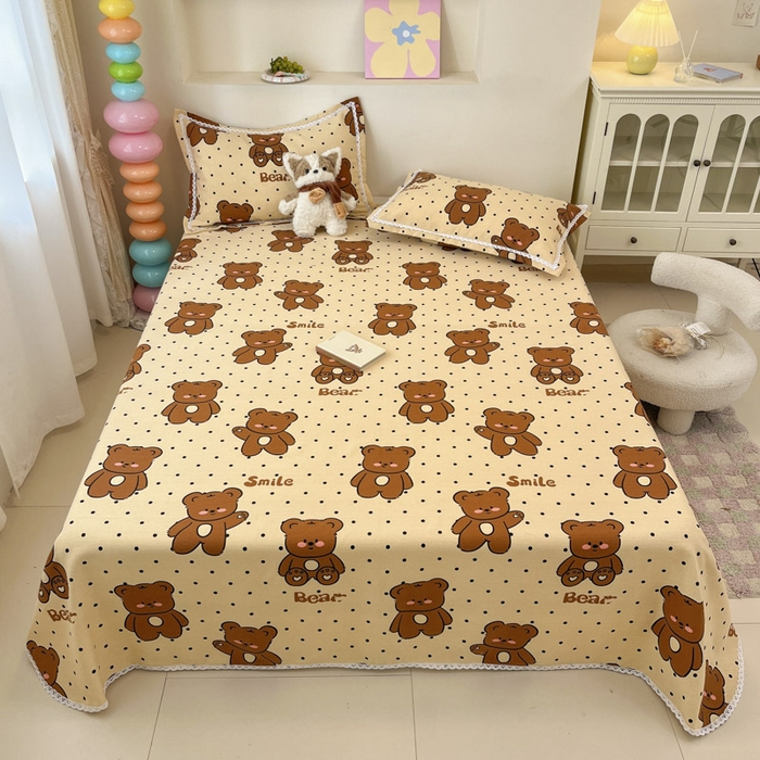 91家纺网 家纺一手货源 找家纺 新印象  2025新款花边老粗布床单款床笠款三件套小熊软糖