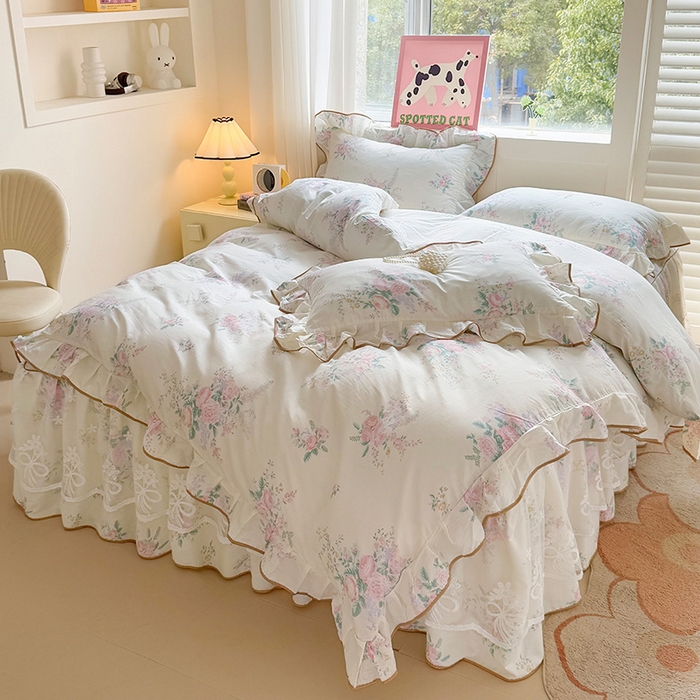 91家纺网 家纺一手货源 找家纺 宜凡家纺 2025新款全棉蕾丝花边床裙三件套 楼兰梦屿