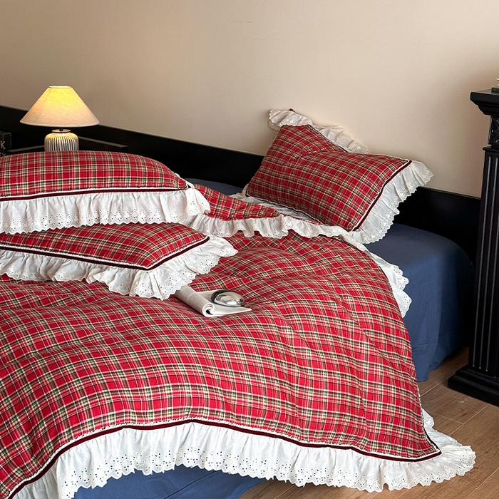 91家纺网 家纺一手货源 找家纺 蓝邻家纺 2025春夏新款全棉纯棉复古双层纱花边织带款四件套 清格