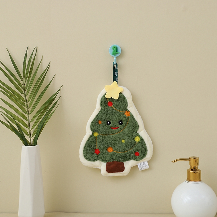 91家纺网 家纺一手货源 找家纺 彩虹毛巾 2025新款珊瑚绒卡通可挂式加厚吸水不掉毛可爱小毛巾厨房洗手间挂巾便携式懒人擦手布-圣诞系列 圣诞树19*24cm 擦手巾/只