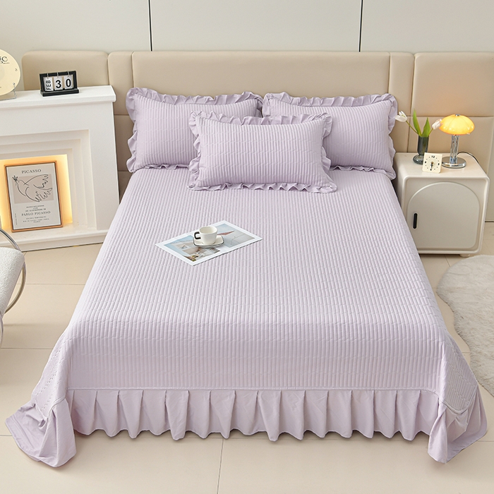 91家纺网 家纺一手货源 找家纺 星窝家纺 2025新款水洗棉花边床裙式多功能床盖三件套 经典紫色