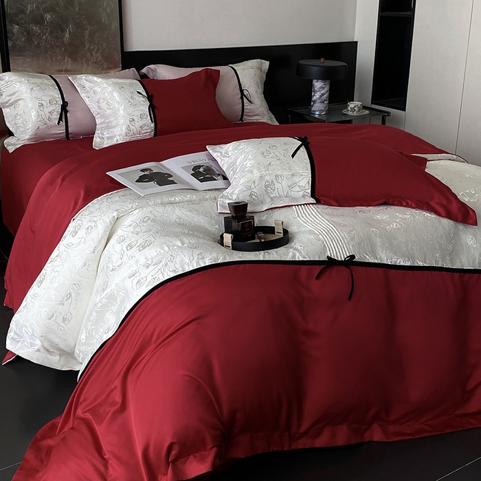 91家纺网 家纺一手货源 找家纺 优悦生活馆 2025年新款工艺款冰丝浮雕拼接四件套 璀璨之恋-红