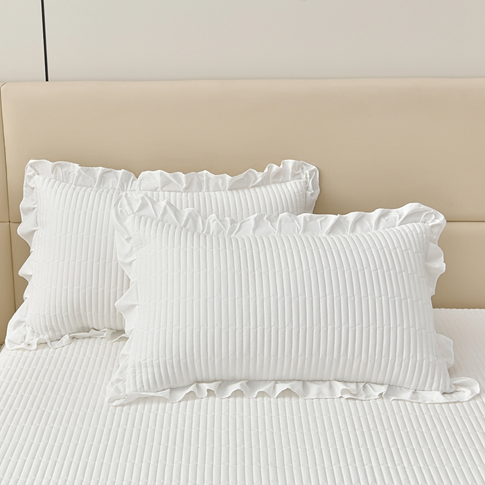 91家纺网 家纺一手货源 找家纺 星窝家纺 2025新款水洗棉花边床裙式多功能床盖三件套 经典奶白