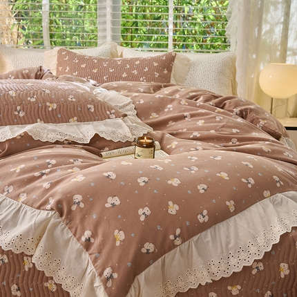 X猫先生 2025新款法式全棉双层纱床盖套件夹棉床单三四件套（A类母婴级） 菲乐兔宝