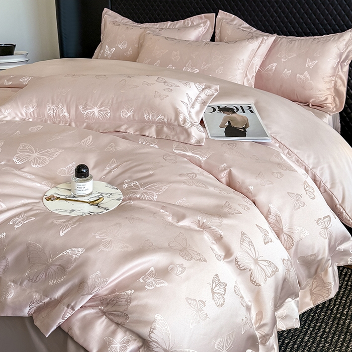 91家纺网 家纺一手货源 找家纺 狂想家 2025新款高奢提花水洗天丝系列四件套 蝶之恋轻奢粉