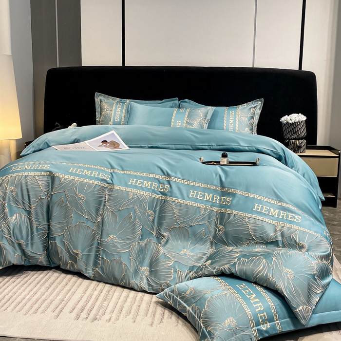 91家纺网 家纺一手货源 找家纺 子曰 2025新款金丝提花浮雕刺绣水洗真丝四件套 花语-蓝