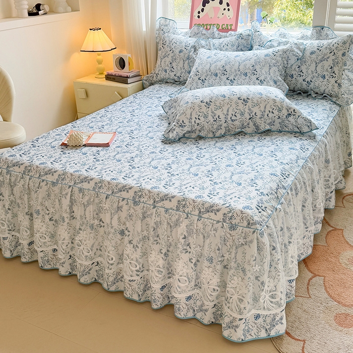 91家纺网 家纺一手货源 找家纺 宜凡家纺 2025新款全棉蕾丝花边床裙三件套 花香浮梦