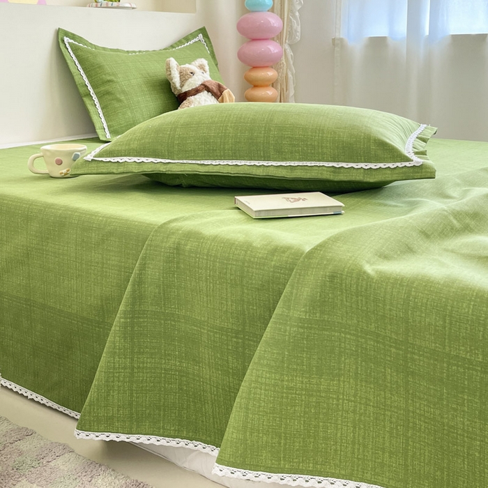 91家纺网 家纺一手货源 找家纺 新印象  2025新款花边老粗布床单款床笠款三件套倾城-绿