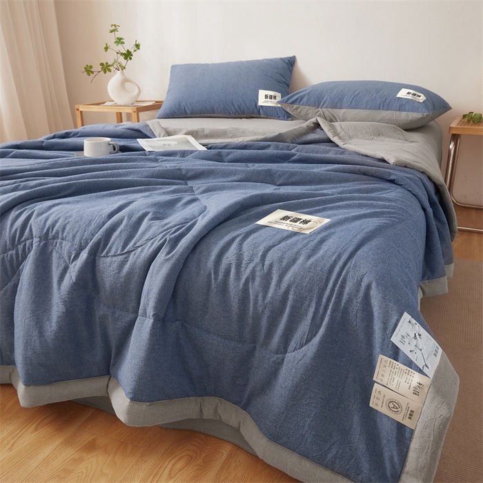 91家纺网 家纺一手货源 找家纺 2025新款A类里外全棉夏凉被100%新疆棉纯棉全棉填充无印格子款空调被原棉夏被 里外全棉-双拼蓝