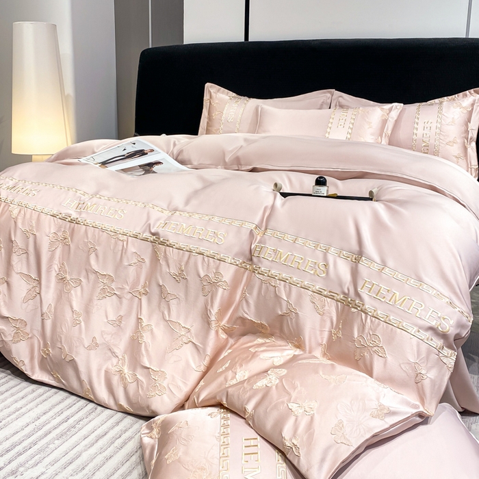 91家纺网 家纺一手货源 找家纺 子曰 2025新款金丝提花浮雕刺绣水洗真丝四件套 醉蝴蝶-粉