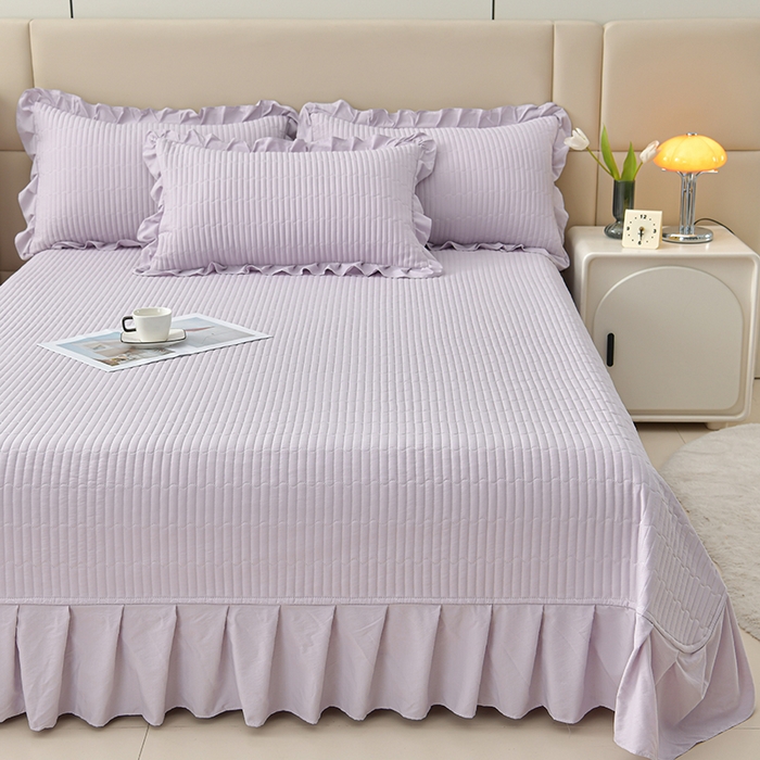 91家纺网 家纺一手货源 找家纺 星窝家纺 2025新款水洗棉花边床裙式多功能床盖三件套 经典紫色