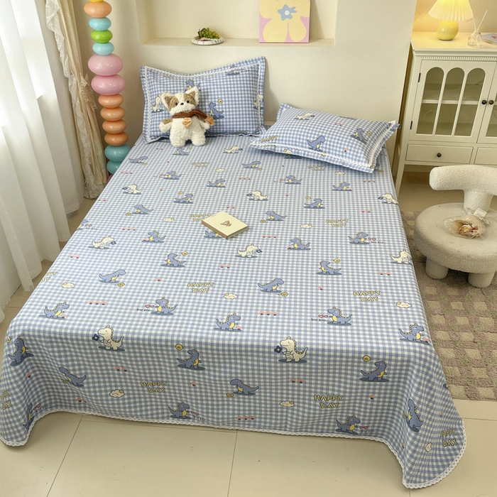 91家纺网 家纺一手货源 找家纺 新印象  2025新款花边老粗布床单款床笠款三件套蓝色小恐龙