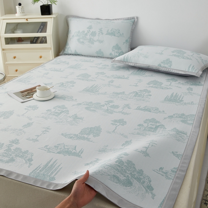 91家纺网 家纺一手货源 找家纺 曲宿家纺 2025新款A类高分子色织提花软凉席系列 山涧-湖蓝