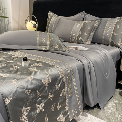 子曰 2025新款金丝提花浮雕刺绣水洗真丝夏被四件套夏凉被空调被 醉蝴蝶-灰